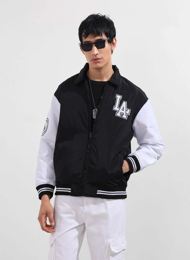 ذا انديان كراج كو Men Relaxed Fit Applique Polo Neck Full Sleeves Varsity Jacket
